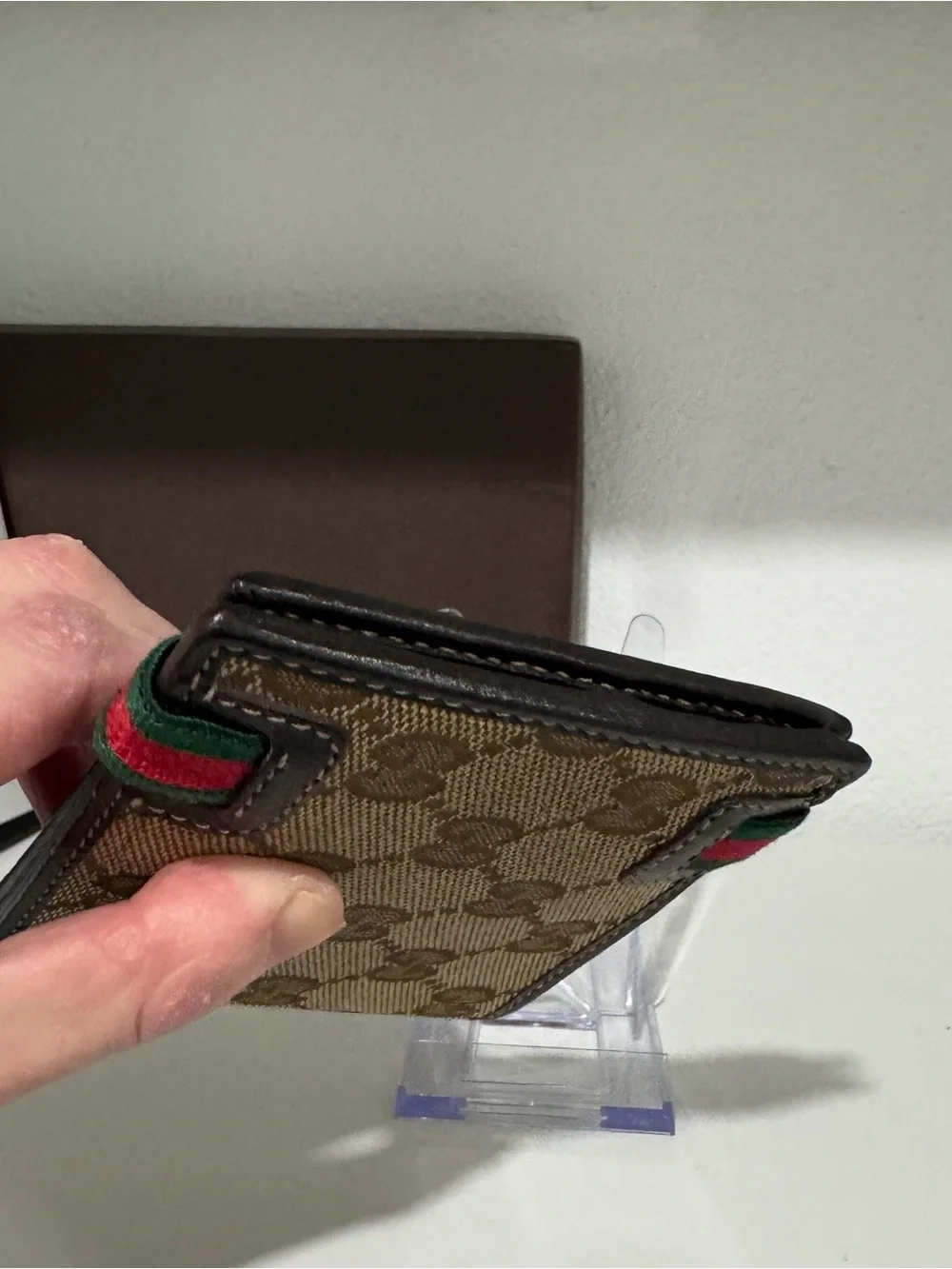 Gucci Beige Brown GG Supreme Canvas Money Clip with Green-Red Web